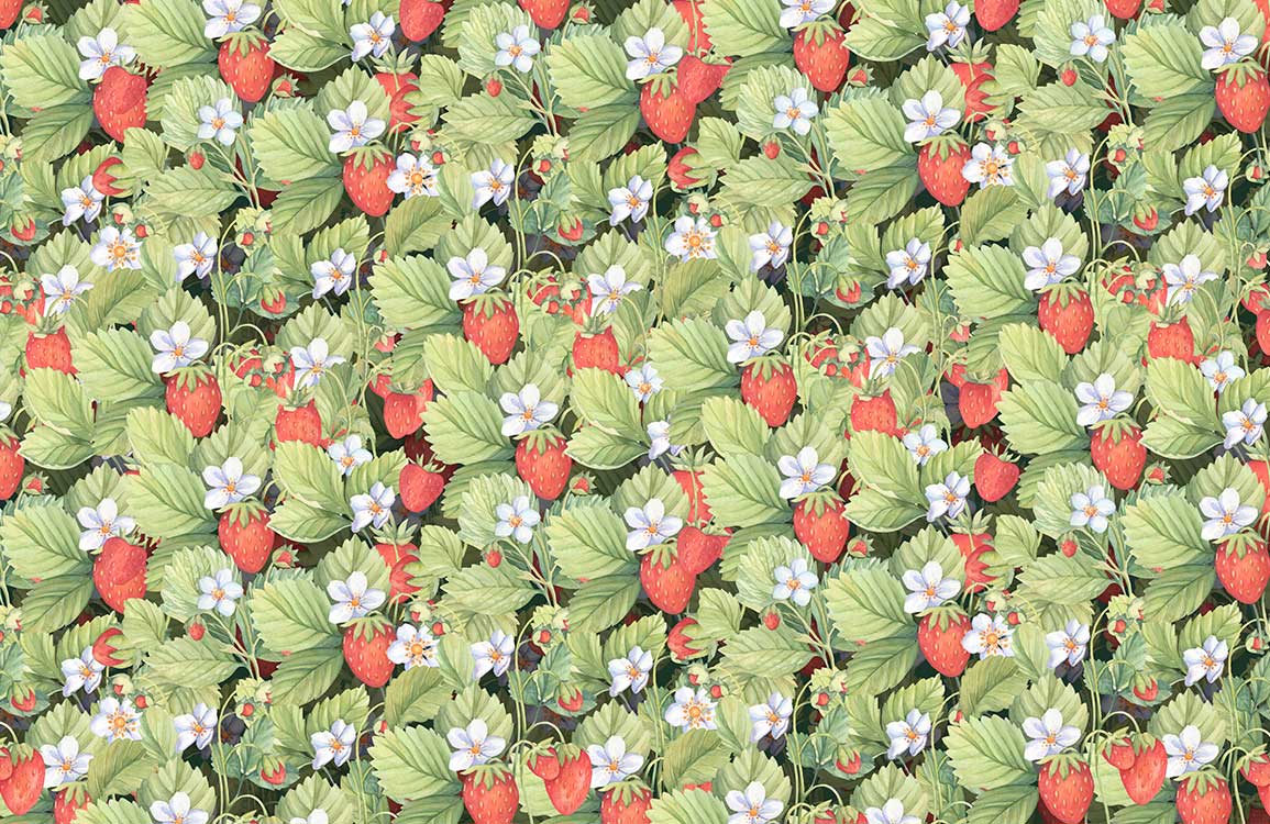 Chic Vintage Strawberry Garden Wallpaper - Lush Green Foliage Floral Design
