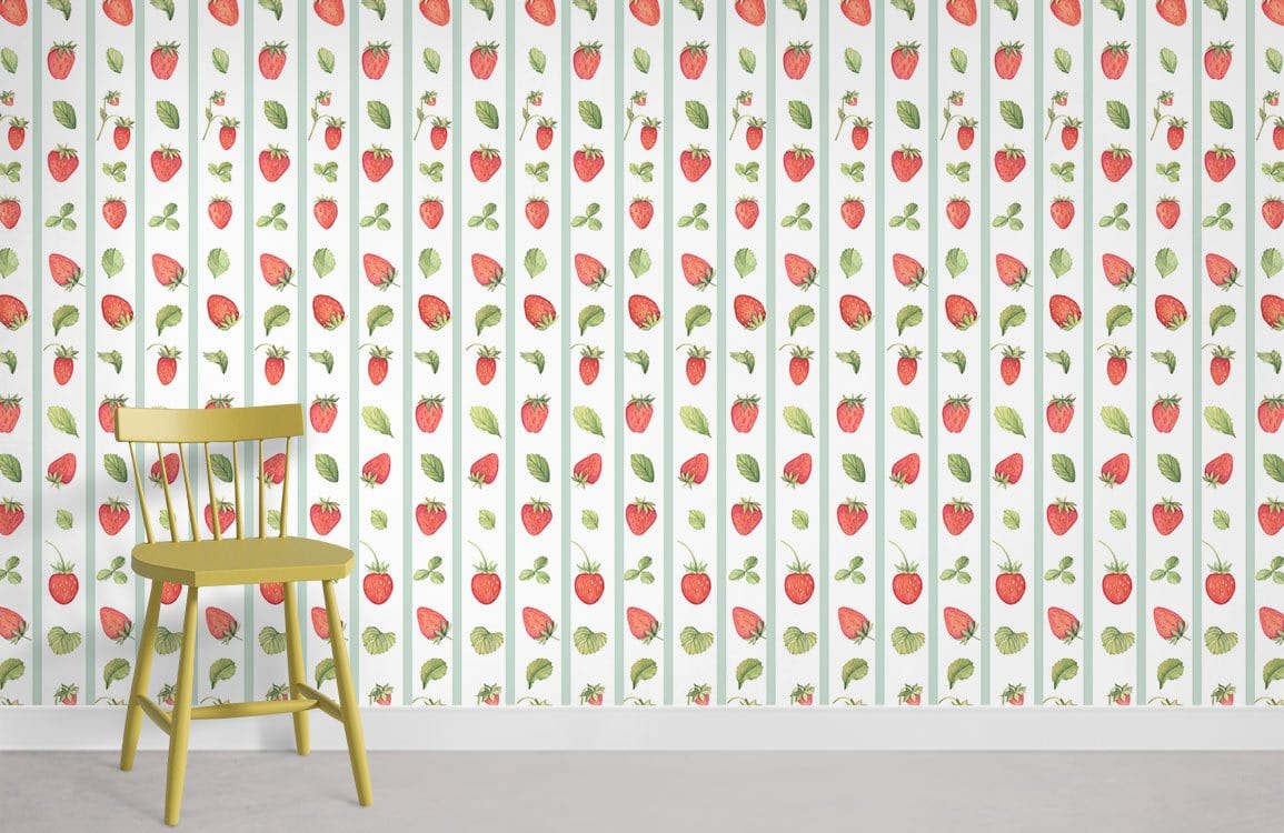 Charming strawberry and leaf pattern wallpaper with pastel colours, featuring yellow chair in minimalist room.