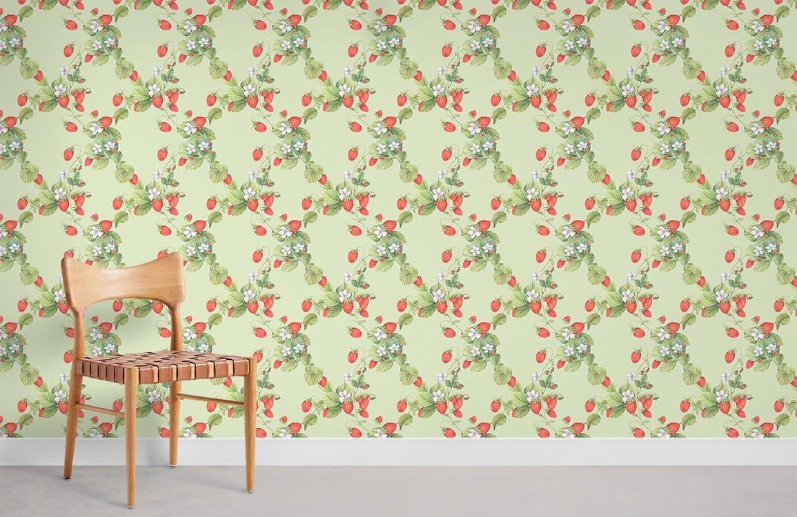 Vintage green strawberry wallpaper with floral pattern, classic wooden chair, grey carpet flooring, elegant decor.