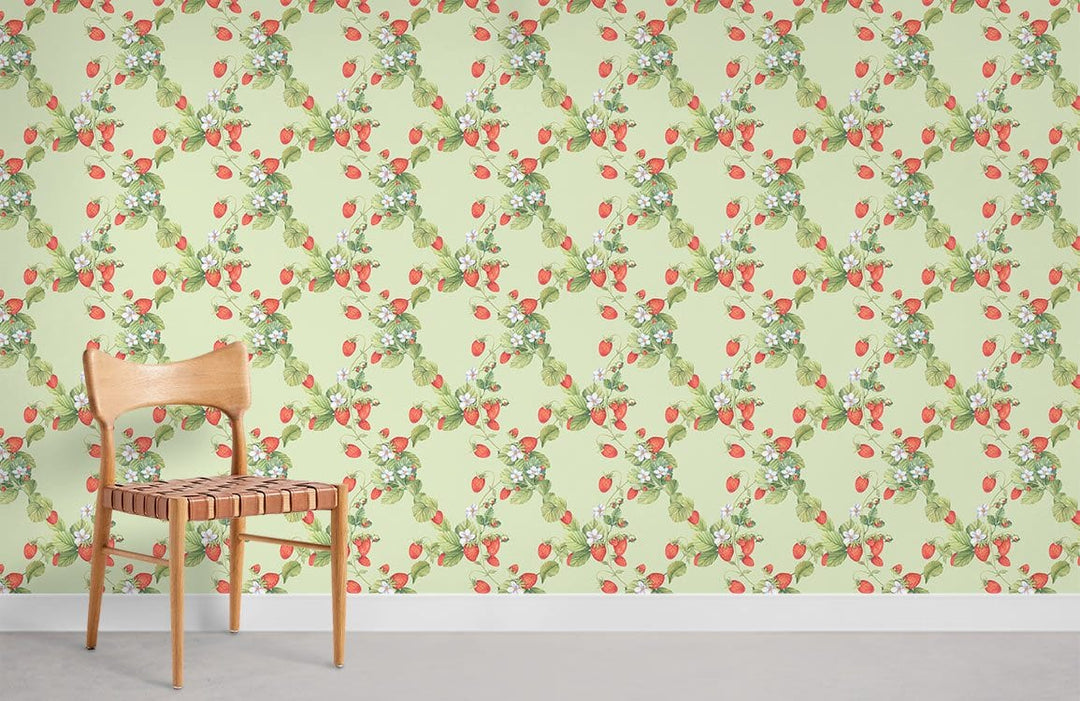 Vintage green strawberry wallpaper with floral pattern, classic wooden chair, grey carpet flooring, elegant decor.