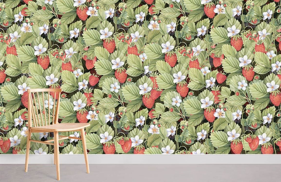 Chic Vintage Strawberry wallpaper with lush foliage and flowers, wooden chair, grey flooring, room setting.
