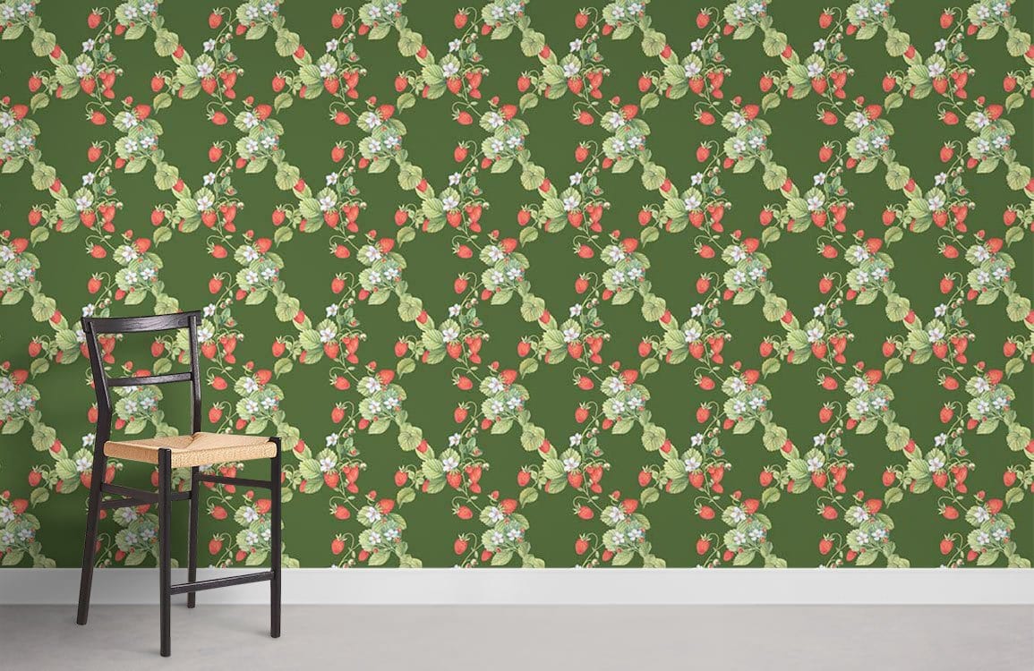 Vintage floral green botanical wallpaper with rose accents and wooden chair, grey flooring, modern decor.