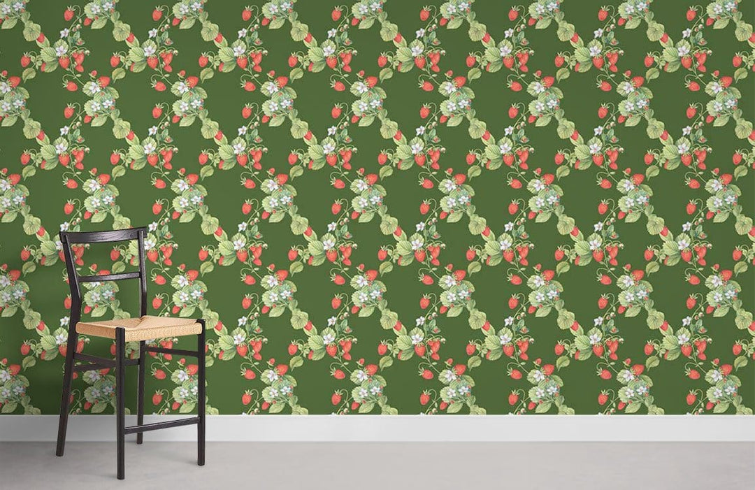 Vintage floral green botanical wallpaper with rose accents and wooden chair, grey flooring, modern decor.