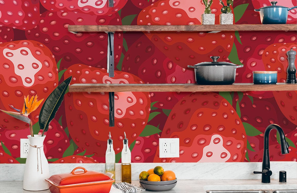 Vibrant red strawberry wallpaper in retro kitchen with wooden shelving and modern decor accents.