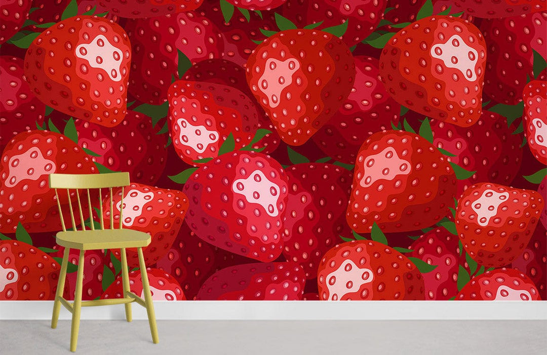 Vibrant red strawberry patterned wallpaper with a retro-style kitchen Décor, featuring a wooden chair.