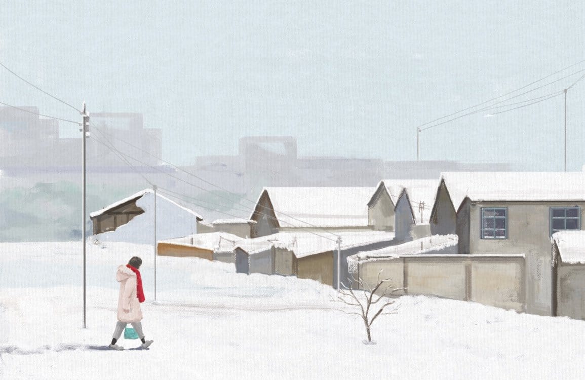 Winter Village Scene Mural Wallpaper with Subtle Pastel Snowy Landscape