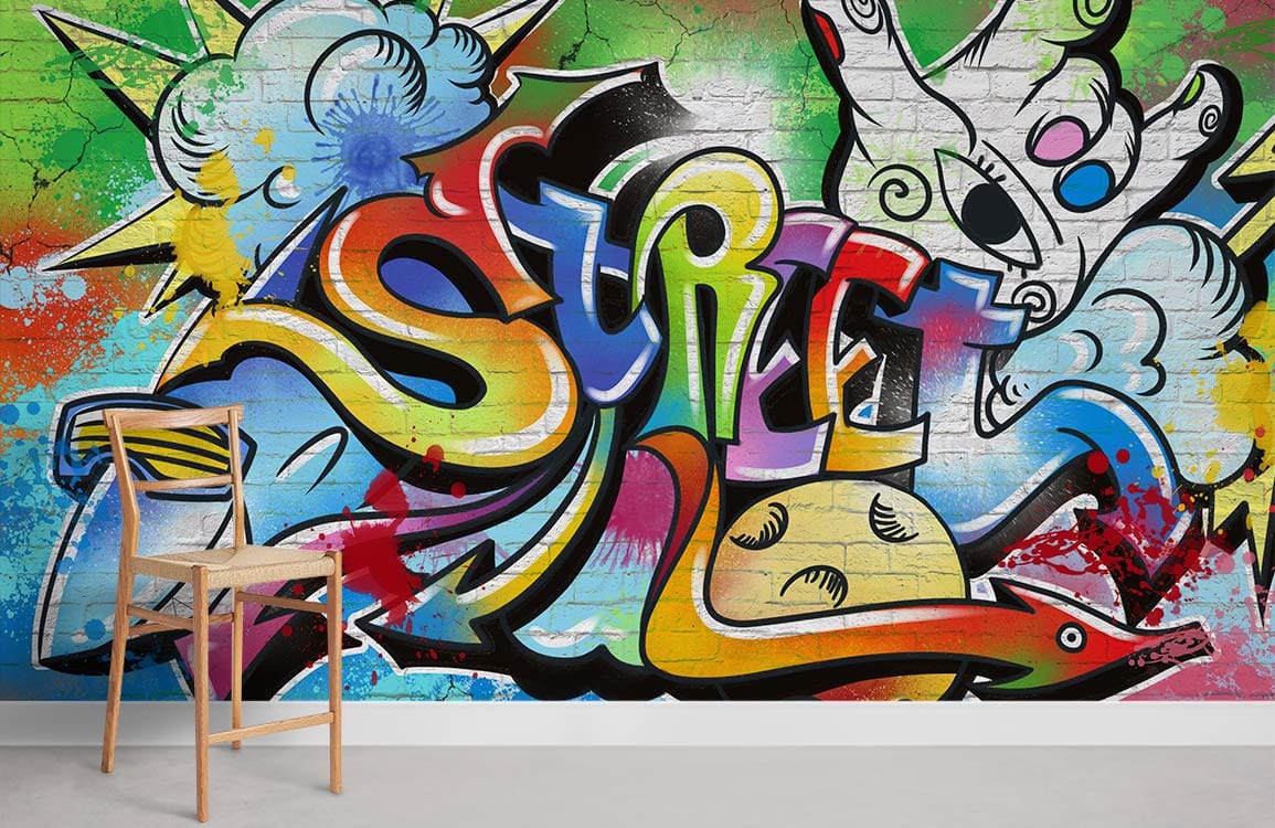 Vibrant urban graffiti mural wallpaper with colourful style, wooden chair, grey flooring, brick wall texture.