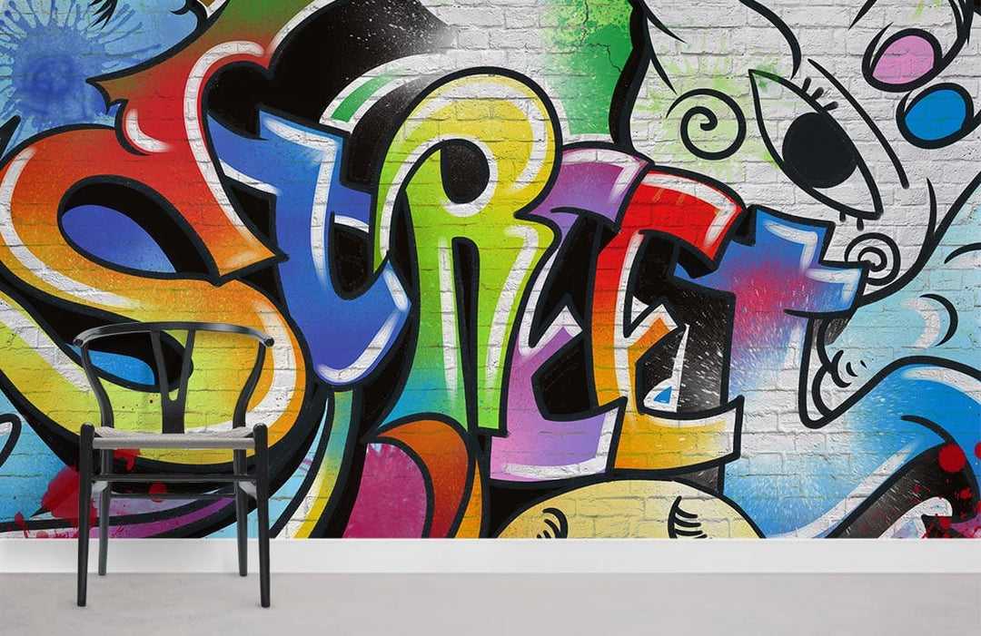 Graffiti mural wallpaper with colourful street art, brick wall background, modern chair, grey flooring.