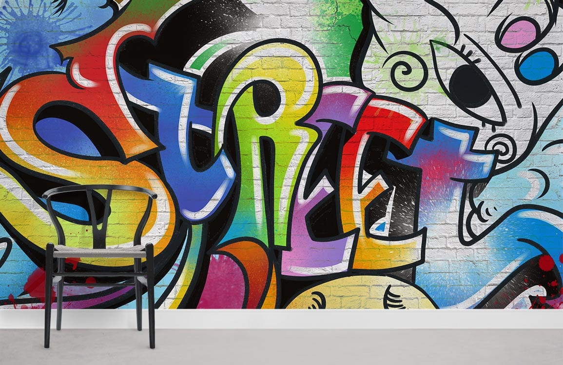 Graffiti mural wallpaper with colourful street art, brick wall background, modern chair, grey flooring.