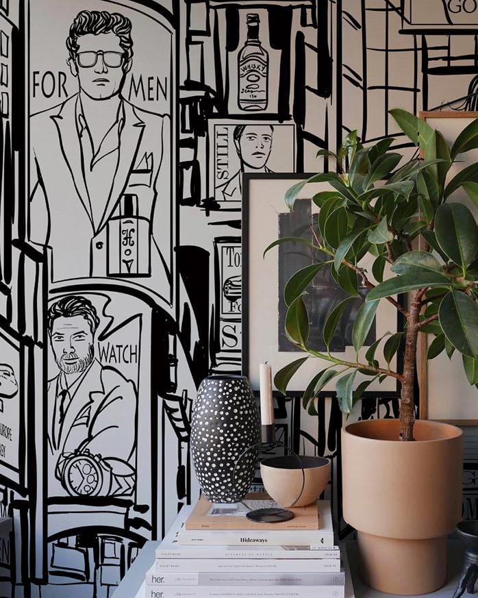 Monochrome urban cityscape mural wallpaper, modern graphic street scene, plant, and vase Décor.