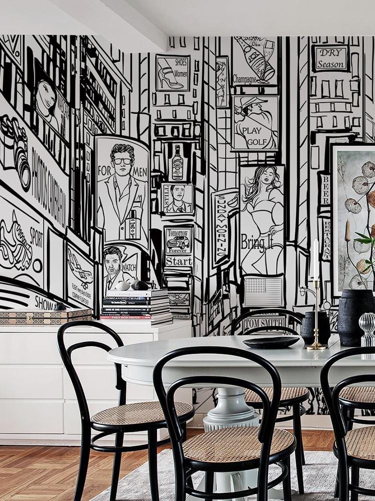 Monochrome urban cityscape mural wallpaper in dining room with bentwood chairs and wooden flooring.