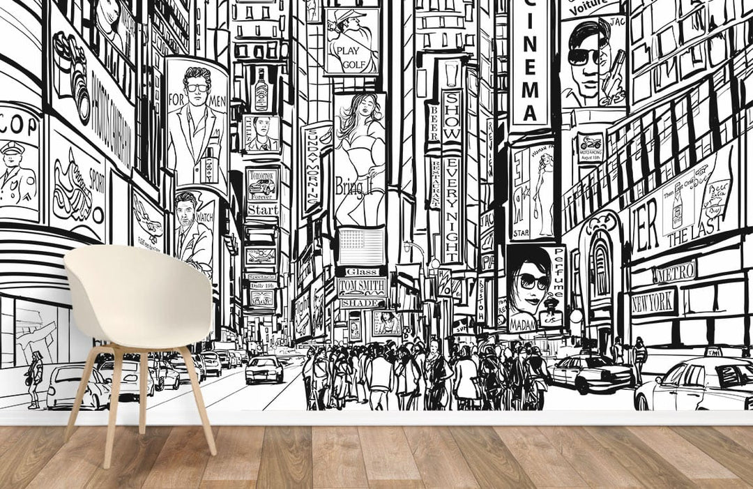 Monochrome Urban Cityscape mural wallpaper in living room with modern chair, hardwood flooring, and contemporary style.