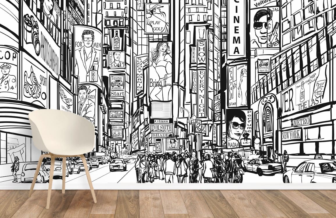 Monochrome Urban Cityscape mural wallpaper in living room with modern chair, hardwood flooring, and contemporary style.