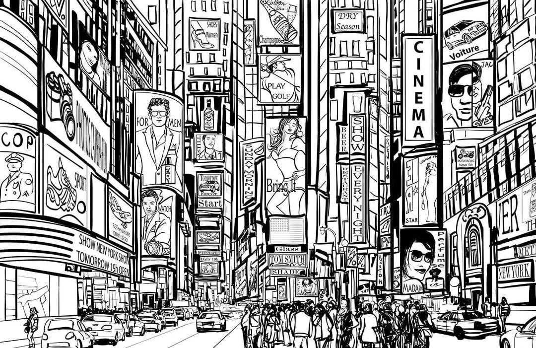 Monochrome Urban Cityscape Mural Wallpaper - Modern Graphic Street Scene
