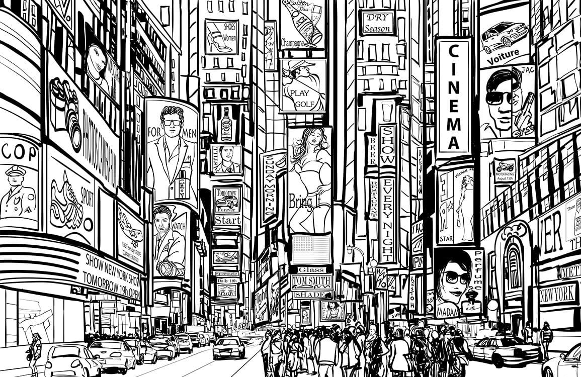 Monochrome Urban Cityscape Mural Wallpaper - Modern Graphic Street Scene