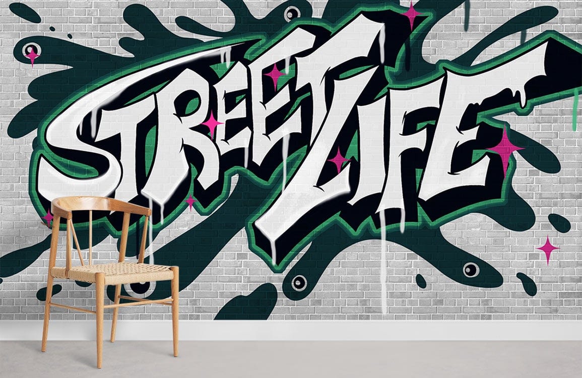 Urban Graffiti Mural Wallpaper, Monochrome Green, Chair, White Brick Wall, Modern Lounge Decor Style.