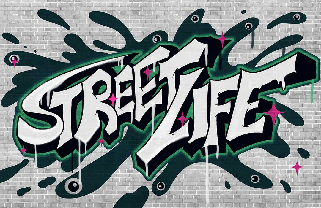 Urban Graffiti Street Art Mural Wallpaper in Monochrome and Green Style