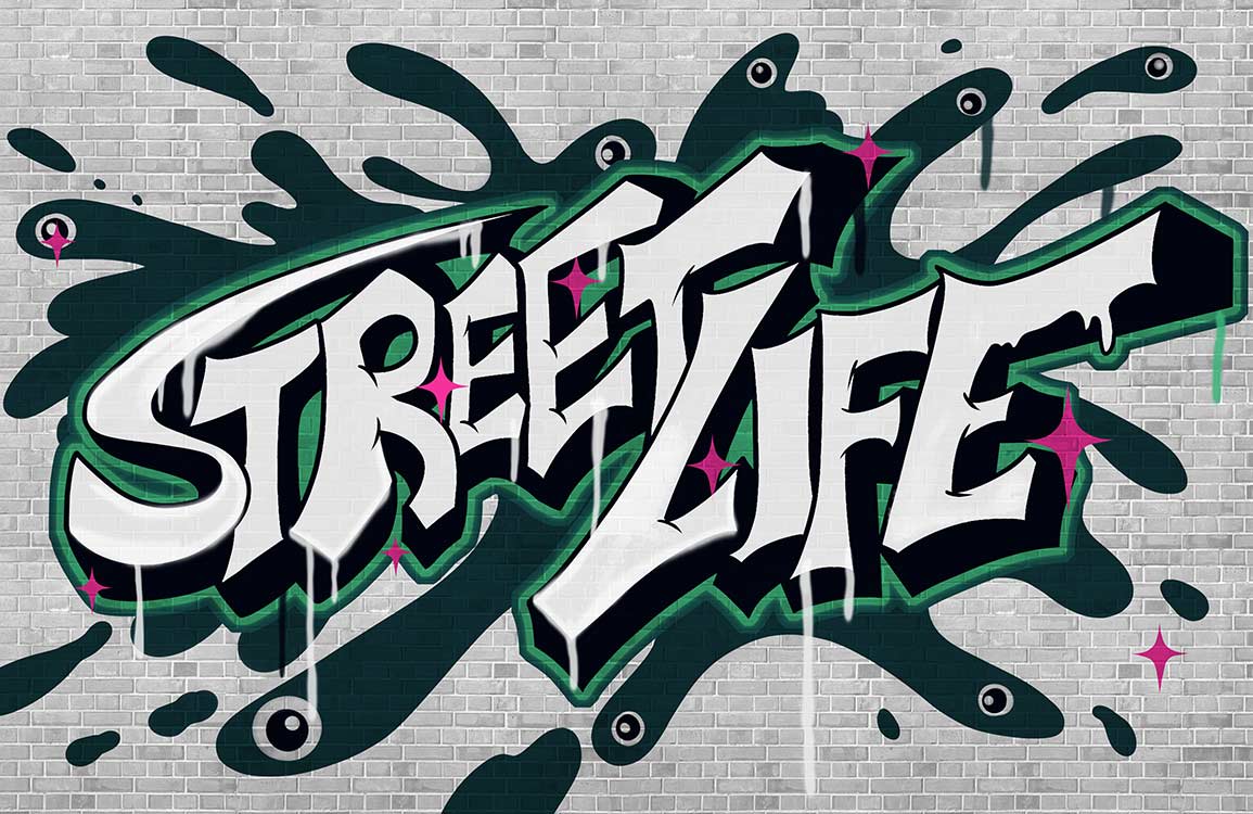 Urban Graffiti Street Art Mural Wallpaper in Monochrome and Green Style