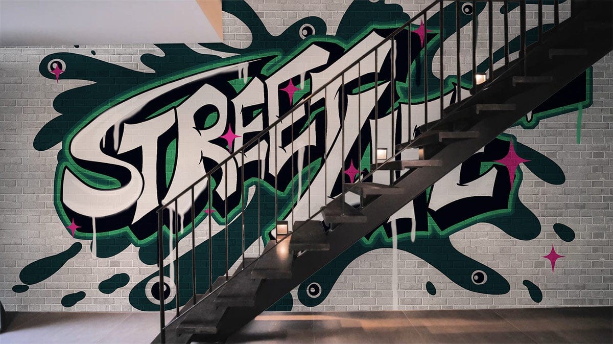 Urban Graffiti Mural Wallpaper: monochrome, green; industrial staircase; grey brick wall; contemporary room.