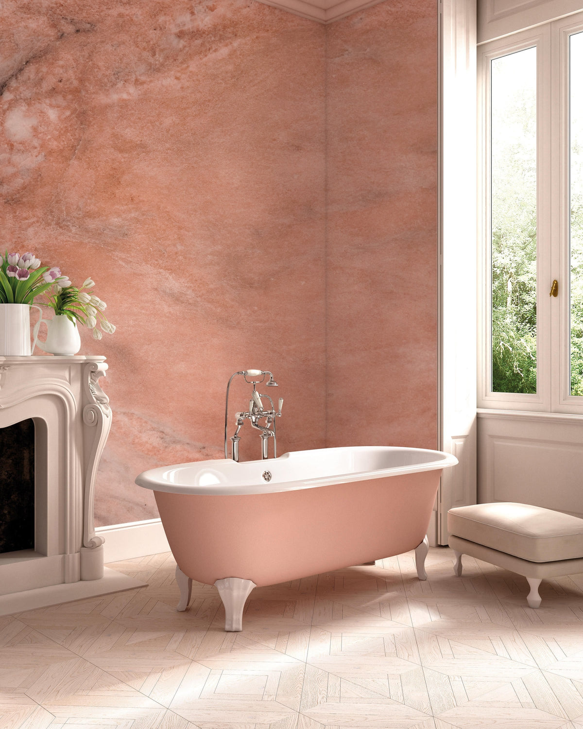 Elegant peach marble wallpaper with grey veins, pink bathtub, white fireplace, and herringbone flooring.