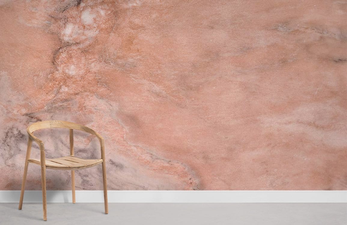 Elegant peach marble effect wallpaper with grey veins, wooden chair, modern interior design.