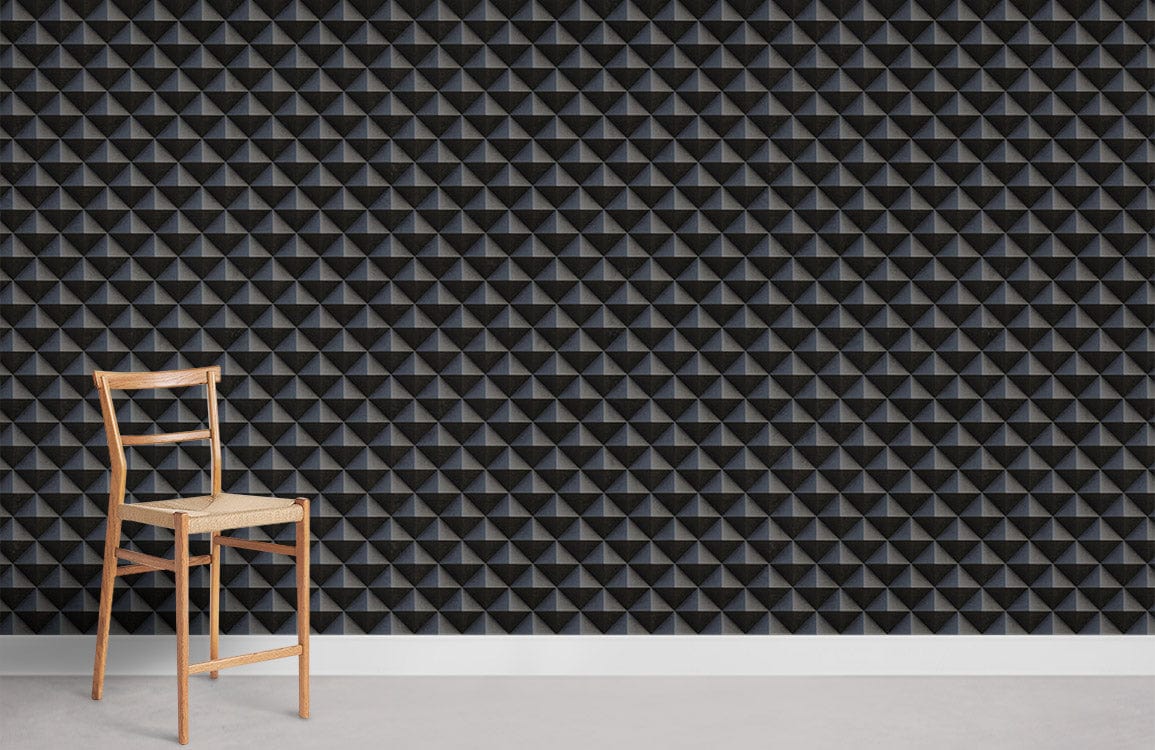 Luxurious dark geometric 3D wallpaper in modern room with minimalist wooden chair, neutral flooring.