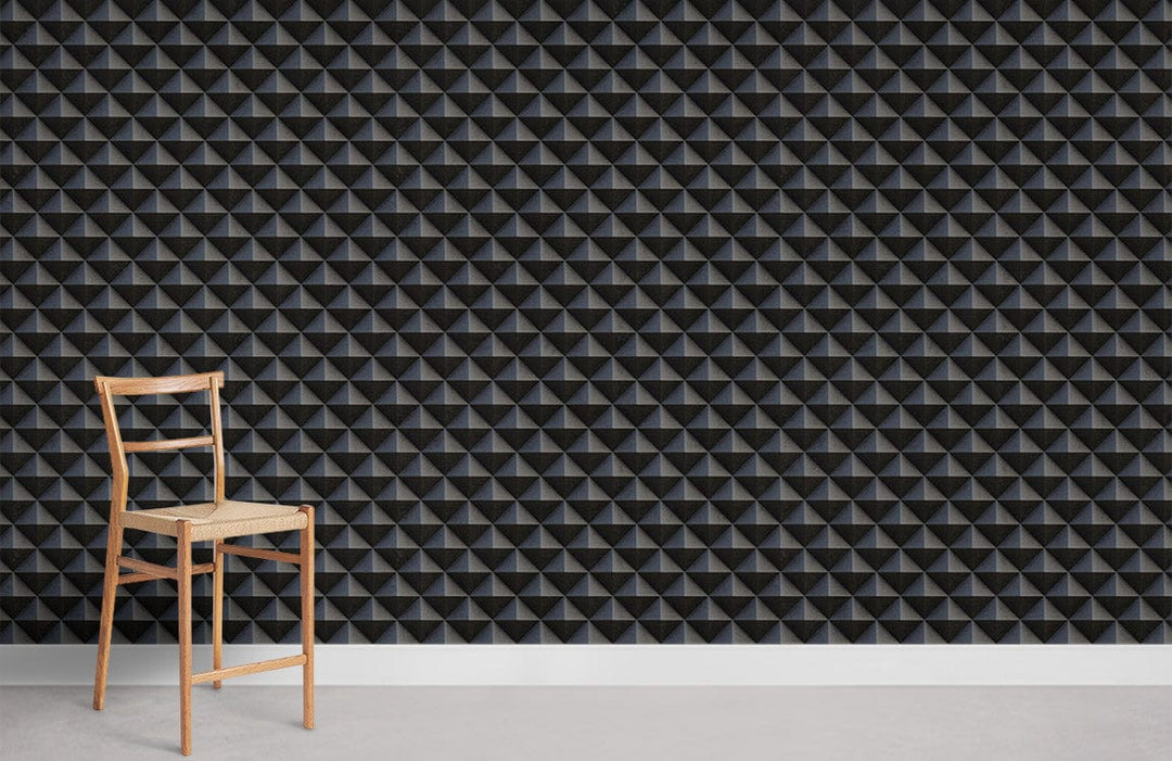 Luxurious dark geometric 3D wallpaper in modern room with minimalist wooden chair, neutral flooring.