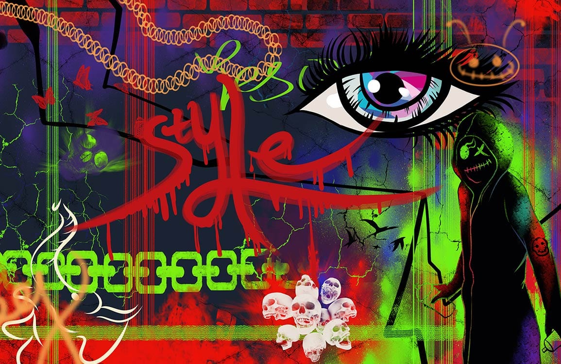 Vibrant Urban Graffiti Eye Mural Wallpaper with Neon Colours and Skulls