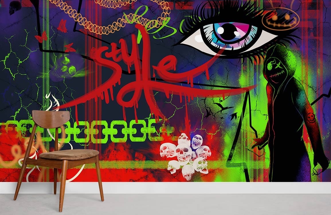 Vibrant eye graffiti mural wallpaper with neon colours, skulls; modern room decor featuring wooden chair.