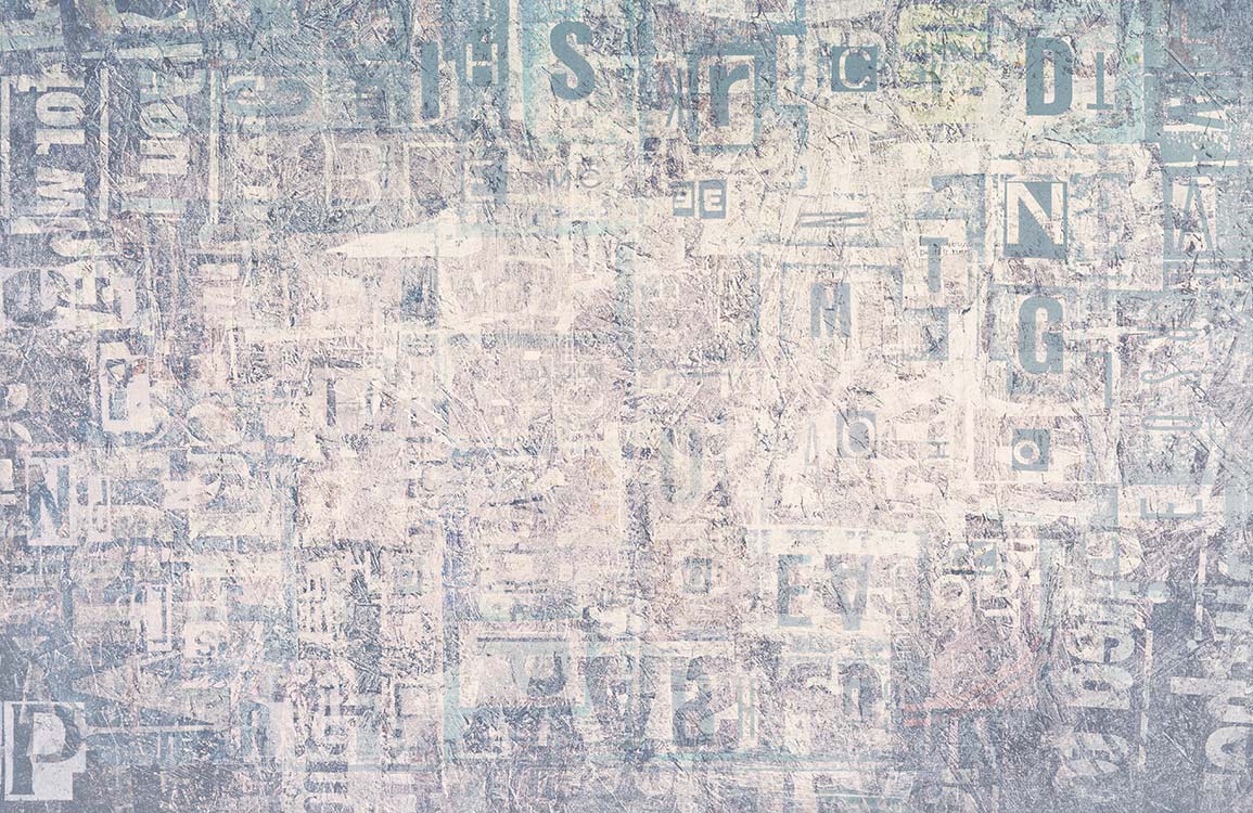 Vintage Industrial Blue Typographic Collage Pattern Mural Wallpaper Design