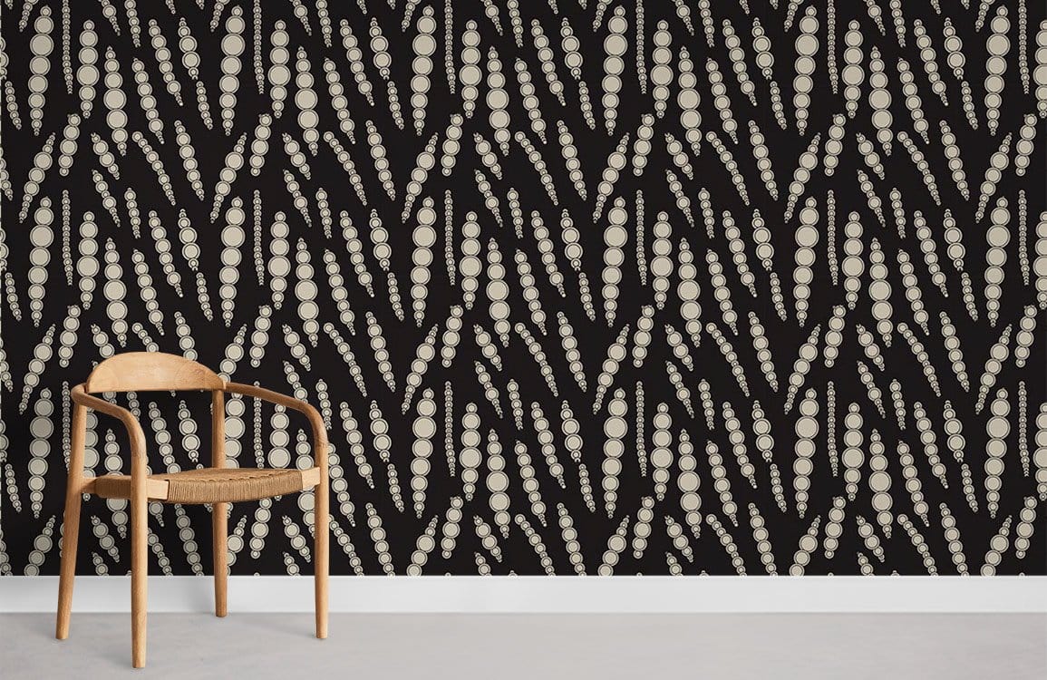 Elegant Charcoal Geometric Dots wallpaper in modern room with minimalist wooden chair and grey flooring.