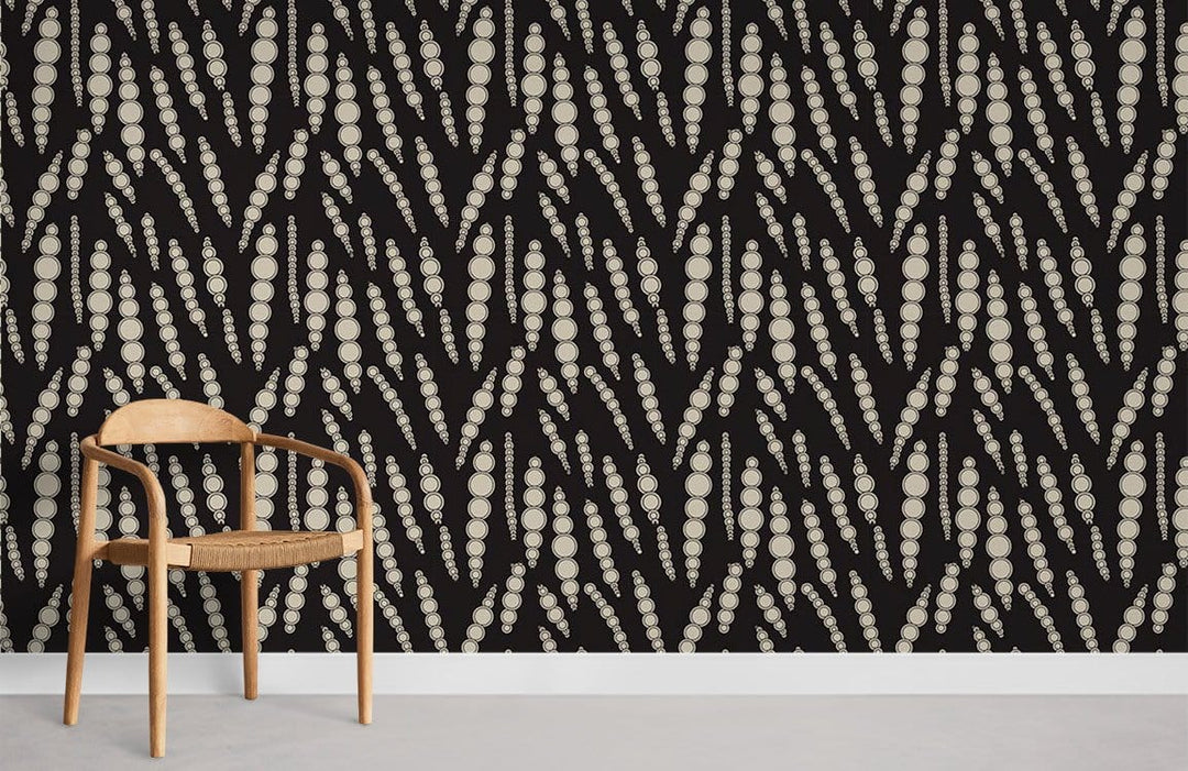 Elegant Charcoal Geometric Dots wallpaper in modern room with minimalist wooden chair and grey flooring.