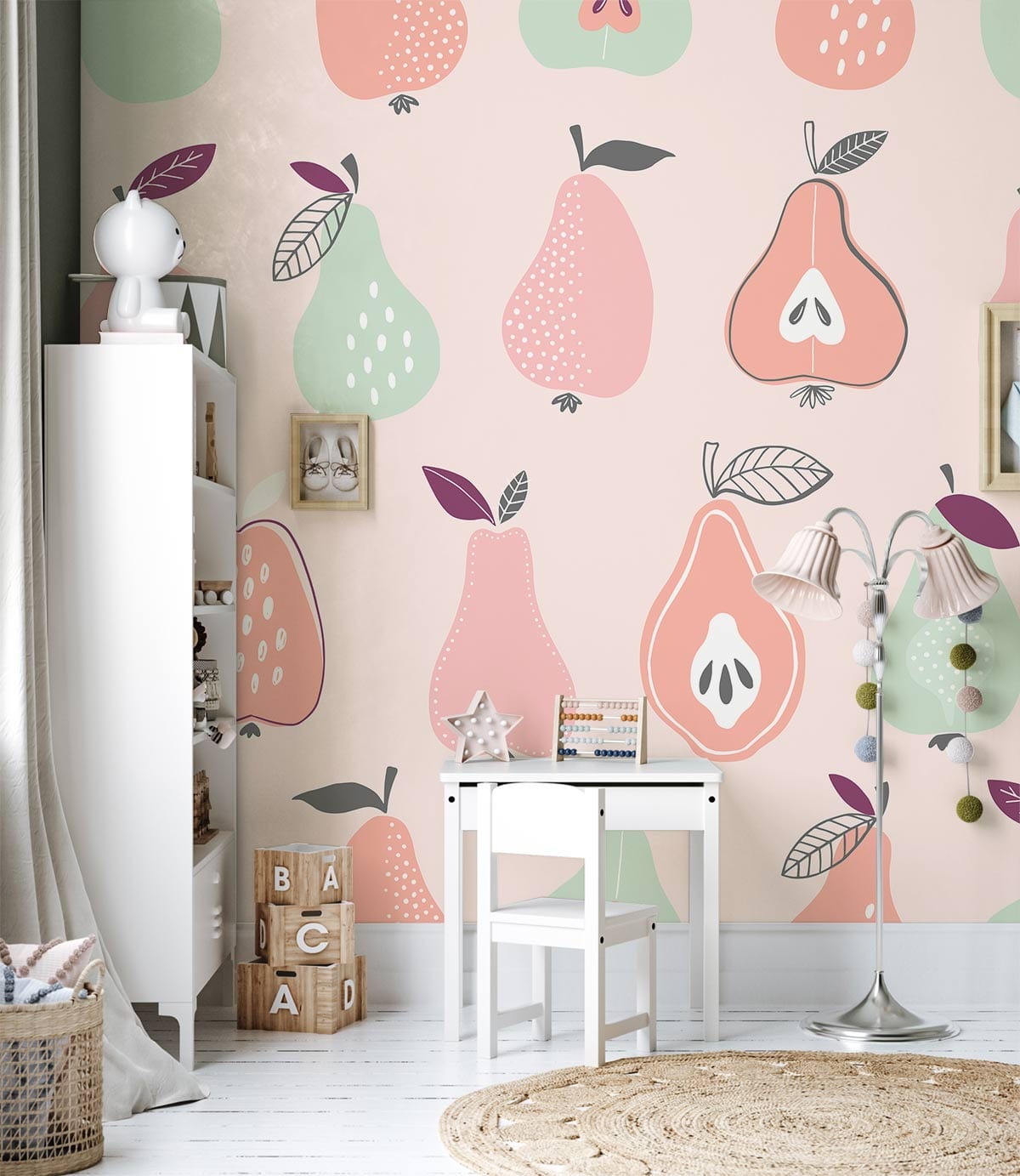 Vintage pastel fruit pattern wallpaper in children's room with white furniture, wooden floor, playful decor.