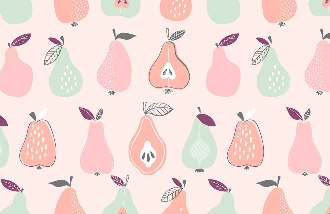 Vintage Pastel Fruit Pattern Wallpaper: Retro Pear and Apple Design Décor