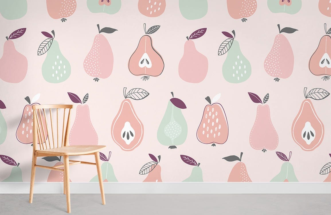 Vintage Pastel Fruit Pattern Wallpaper with pears, apples; lightwood chair; grey floor; retro style room.