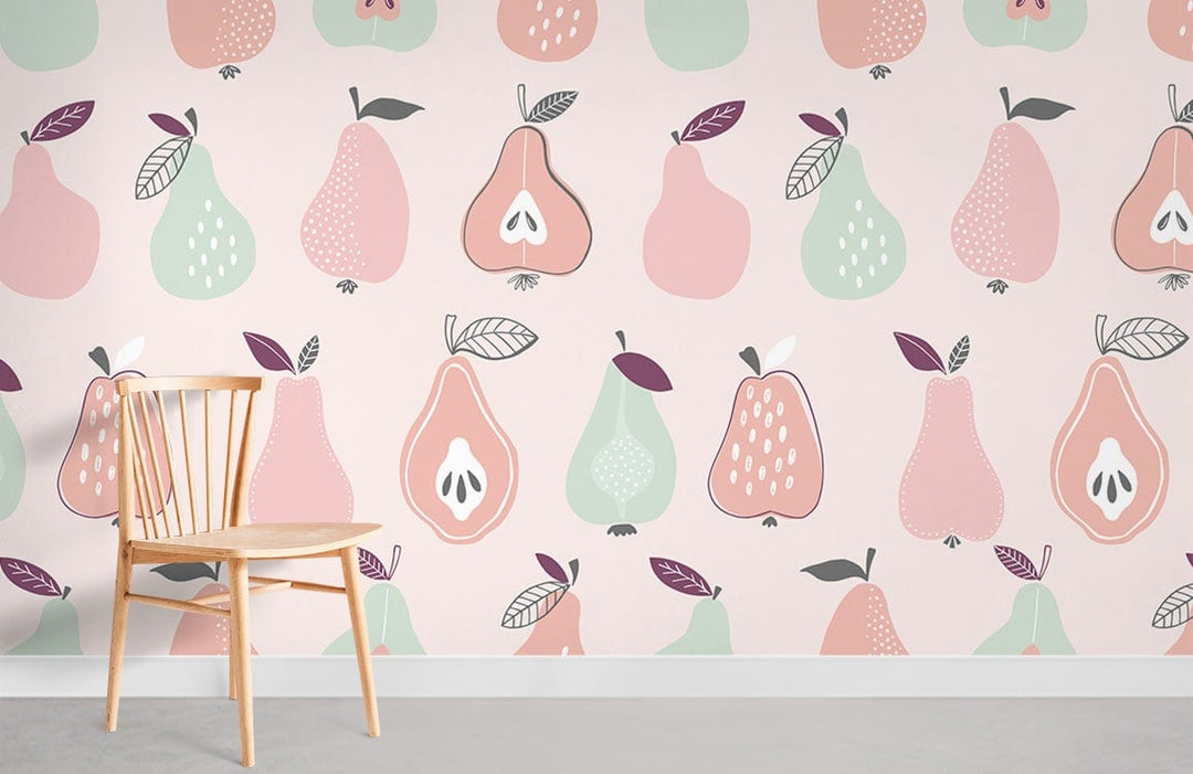 Vintage Pastel Fruit Pattern Wallpaper with pears, apples; lightwood chair; grey floor; retro style room.
