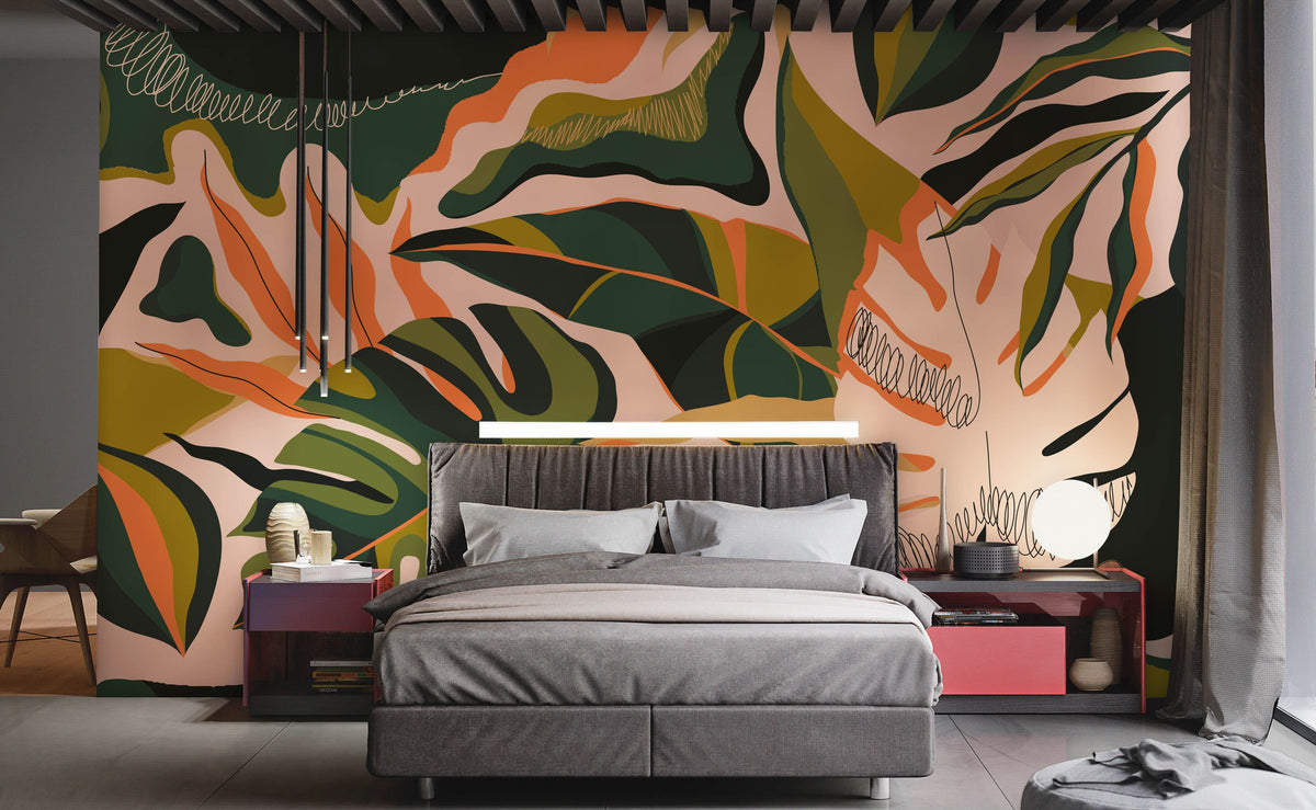 Tropical jungle wallpaper accentuating modern bedroom with grey bed, wooden floor, and elegant side tables.