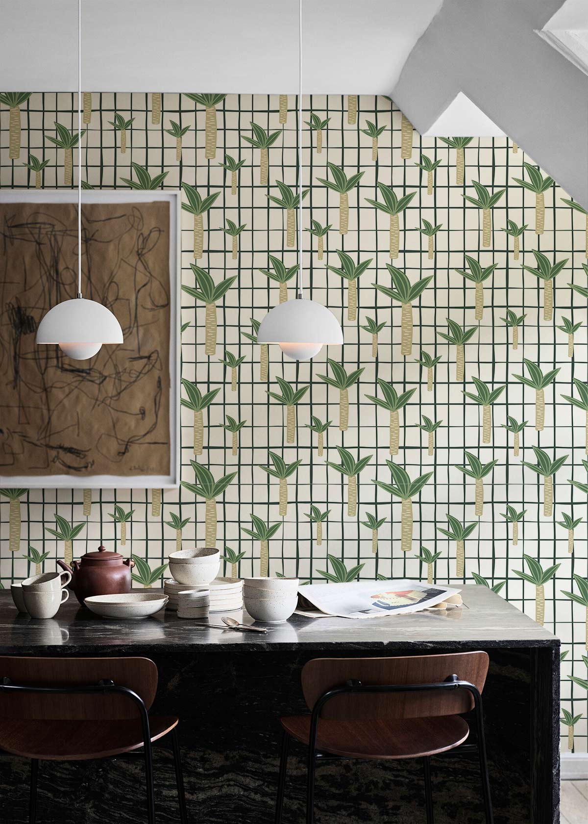 Tropical Green Palm Leaves Wallpaper, white grid, dining room, black marble table, brown chairs.