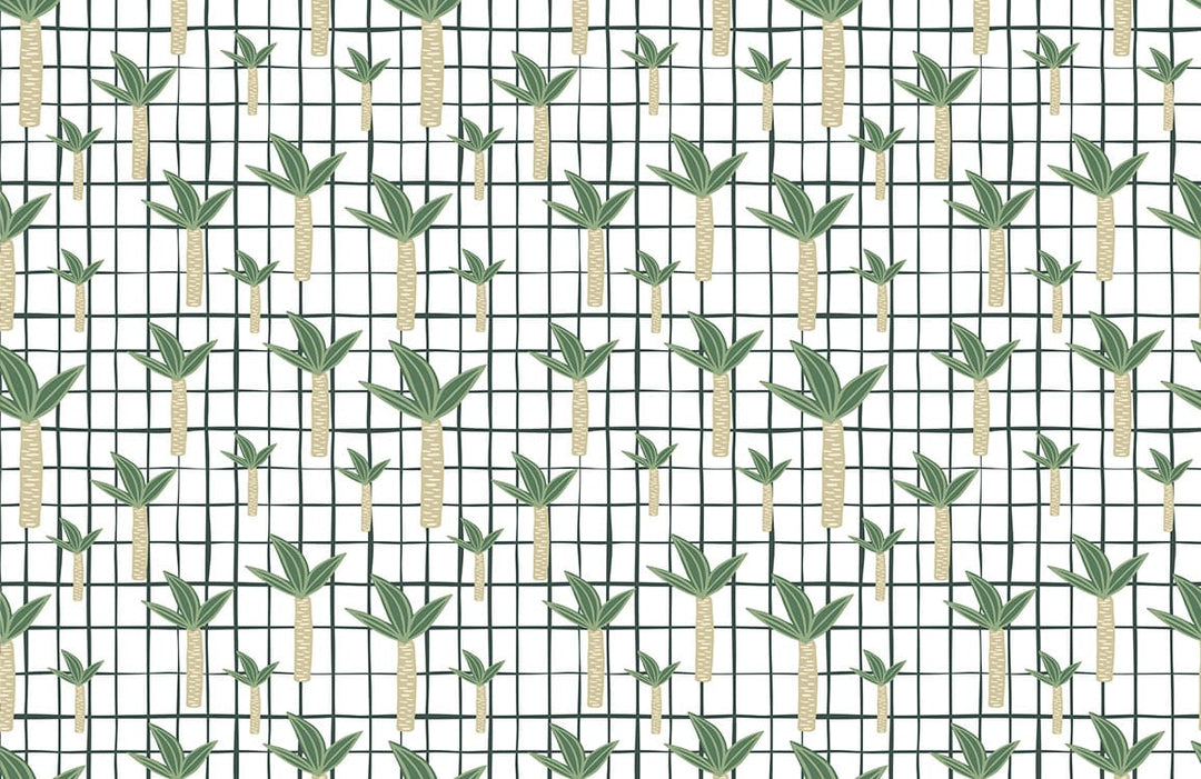 Tropical Green Palm Leaves on White Grid Patterned Wallpaper