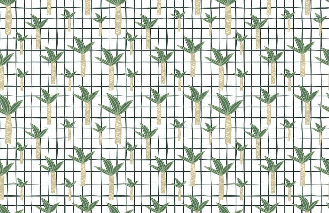 Tropical Green Palm Leaves on White Grid Patterned Wallpaper