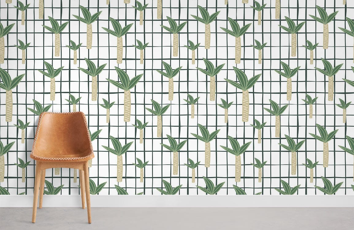 Tropical Green Palm Leaves Wallpaper in room with brown chair, white grid pattern, grey flooring.