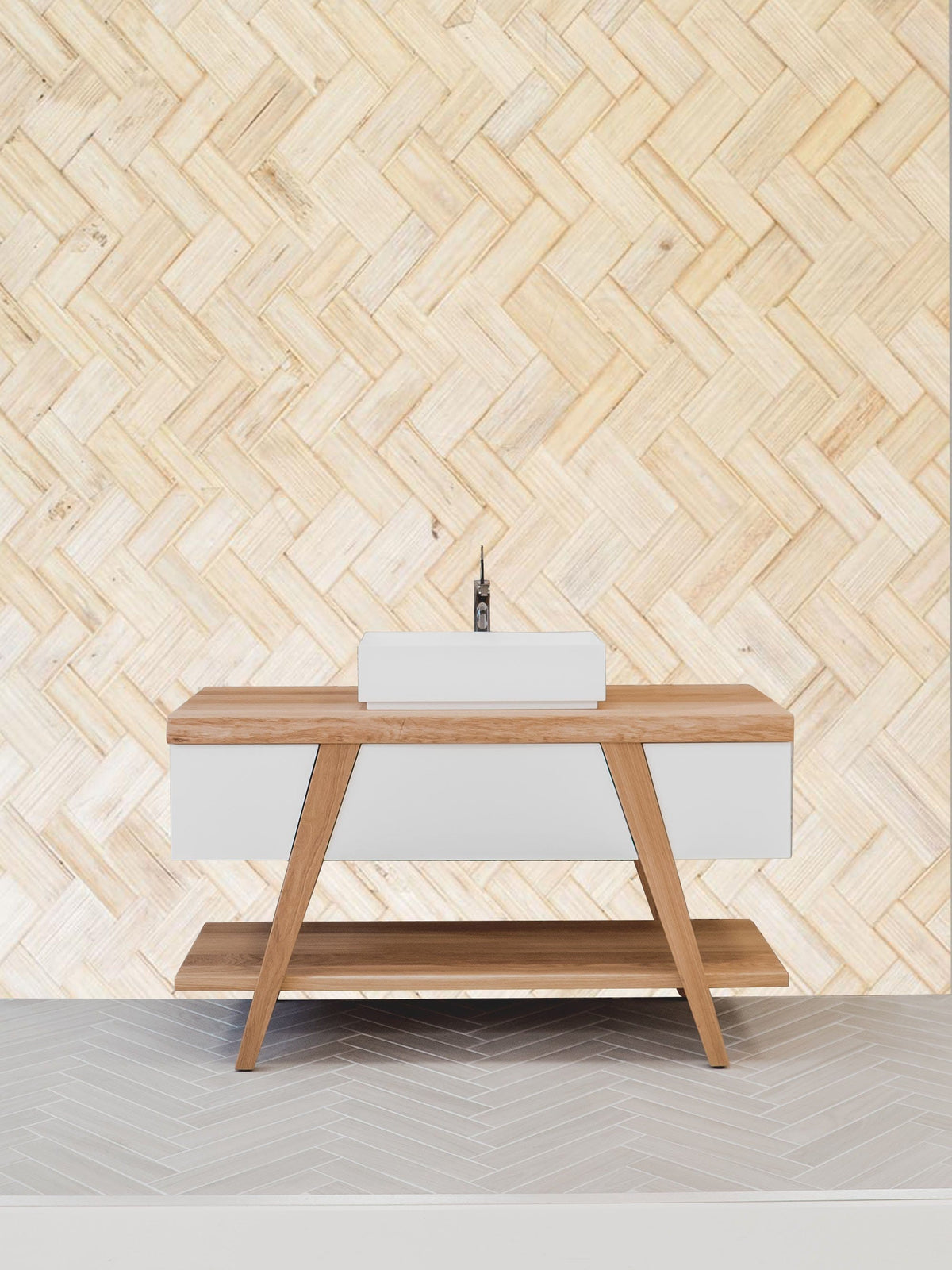Natural Beige Woven Basket Wallpaper with modern bathroom sink, grey herringbone flooring, rustic interior.