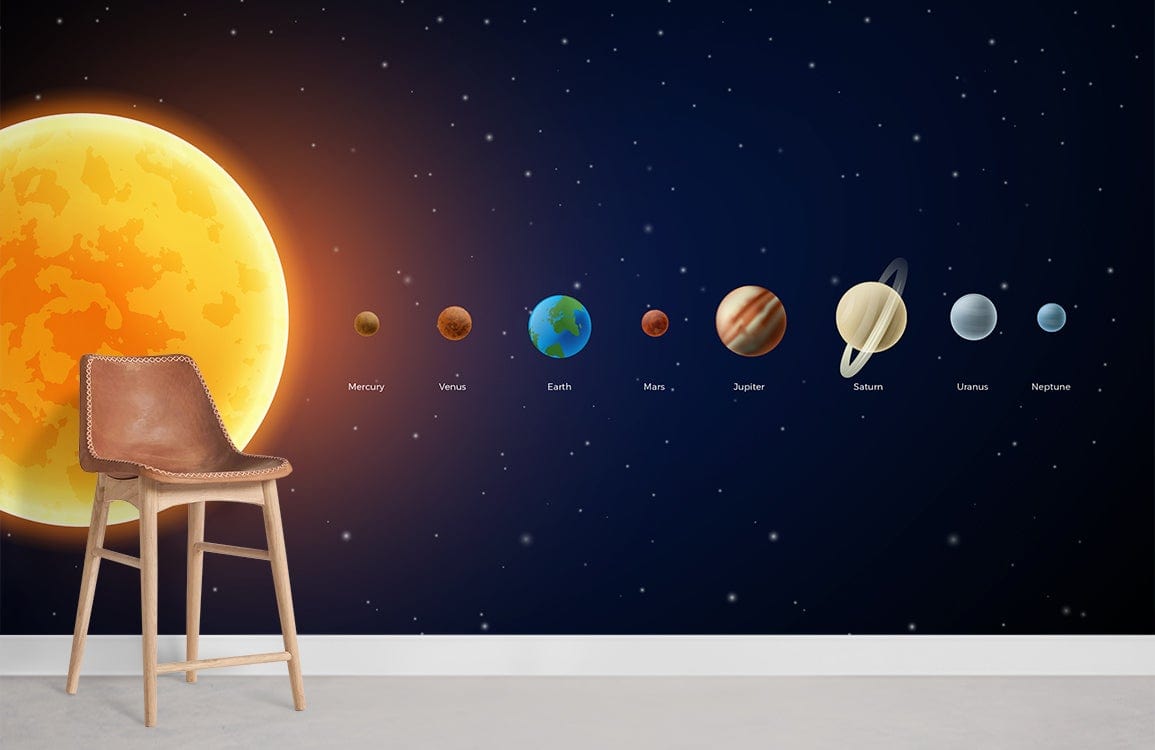 Children's bedroom featuring colourful solar system planets mural wallpaper, brown chair, and grey flooring.