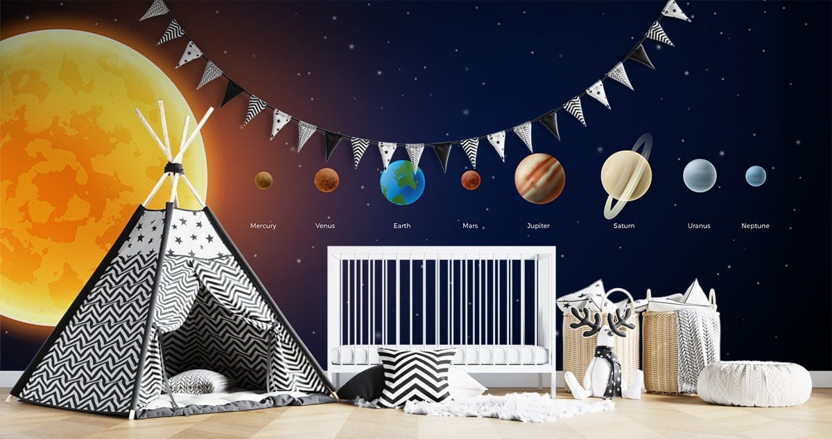 Children's space bedroom with Colourful Solar System Planets Mural Wallpaper, tent, cot, and decor items.
