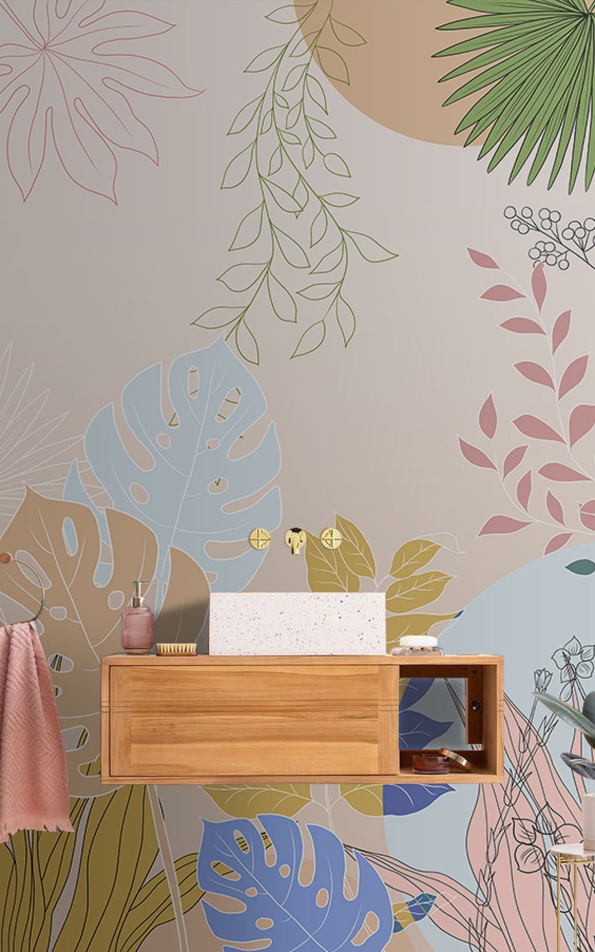 Vibrant Tropical Botanical Wallpaper with Coral, Turquoise; Wooden Vanity in Modern Bathroom Setting, Leaf Patterns