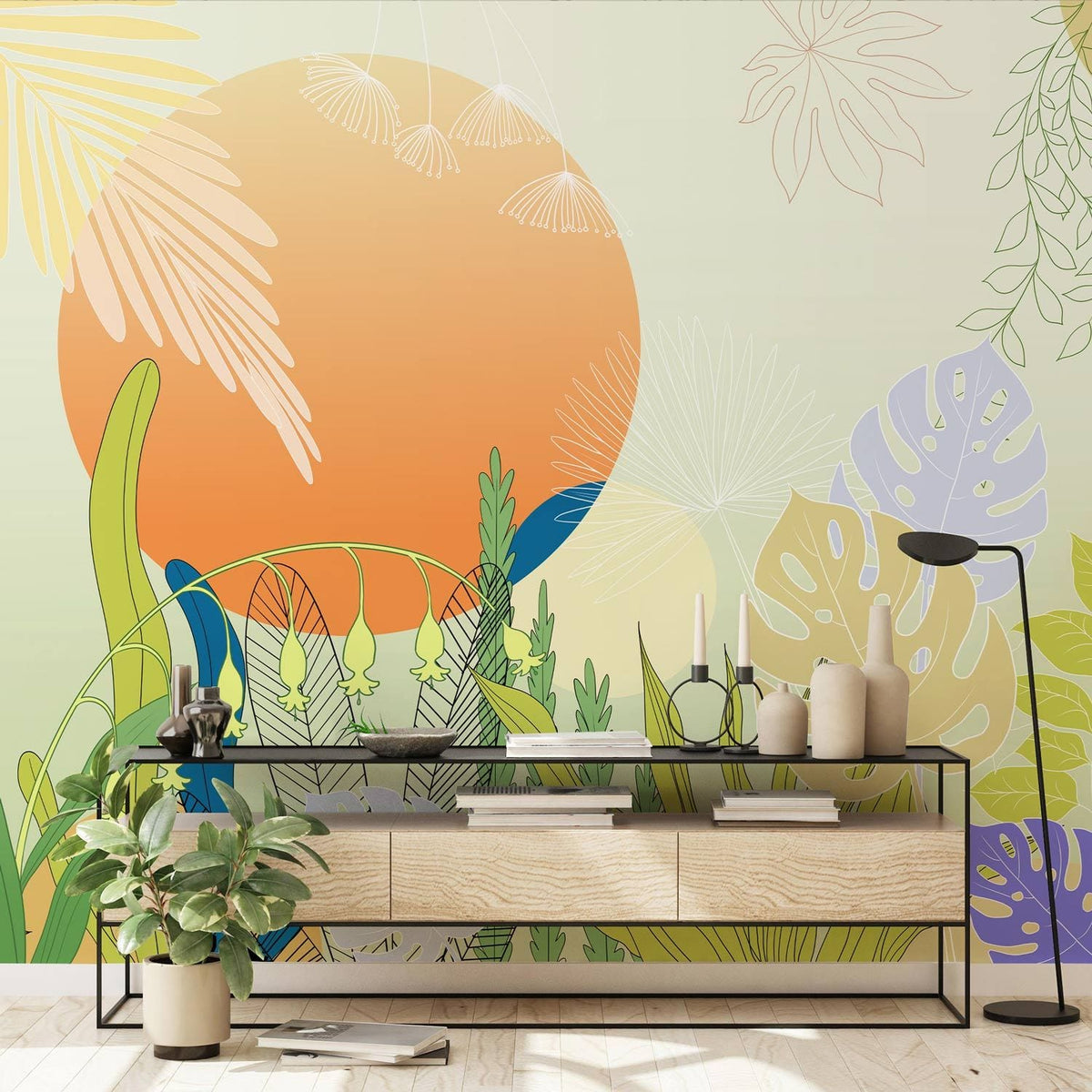 Tropical sunset botanical mural wallpaper, colourful nature design, light wood console table, white walls.