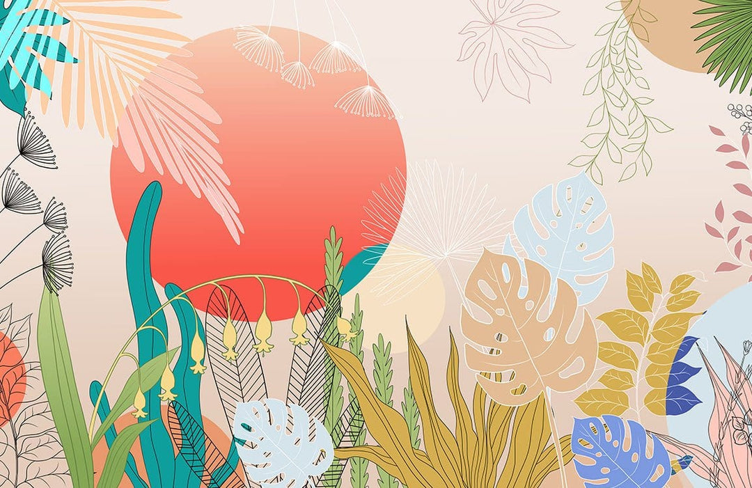 Vibrant Tropical Botanical Mural Wallpaper with Coral and Turquoise Accents