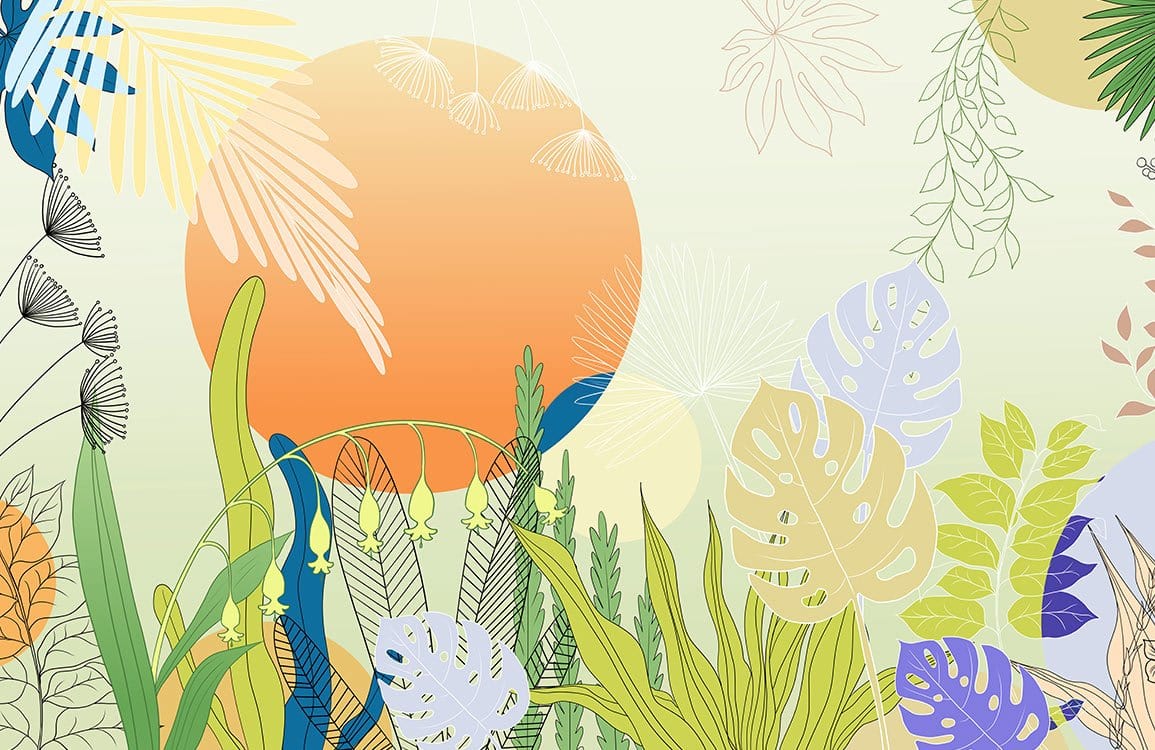 Tropical Sunset Botanical Mural Wallpaper - Colourful Nature-Inspired Design