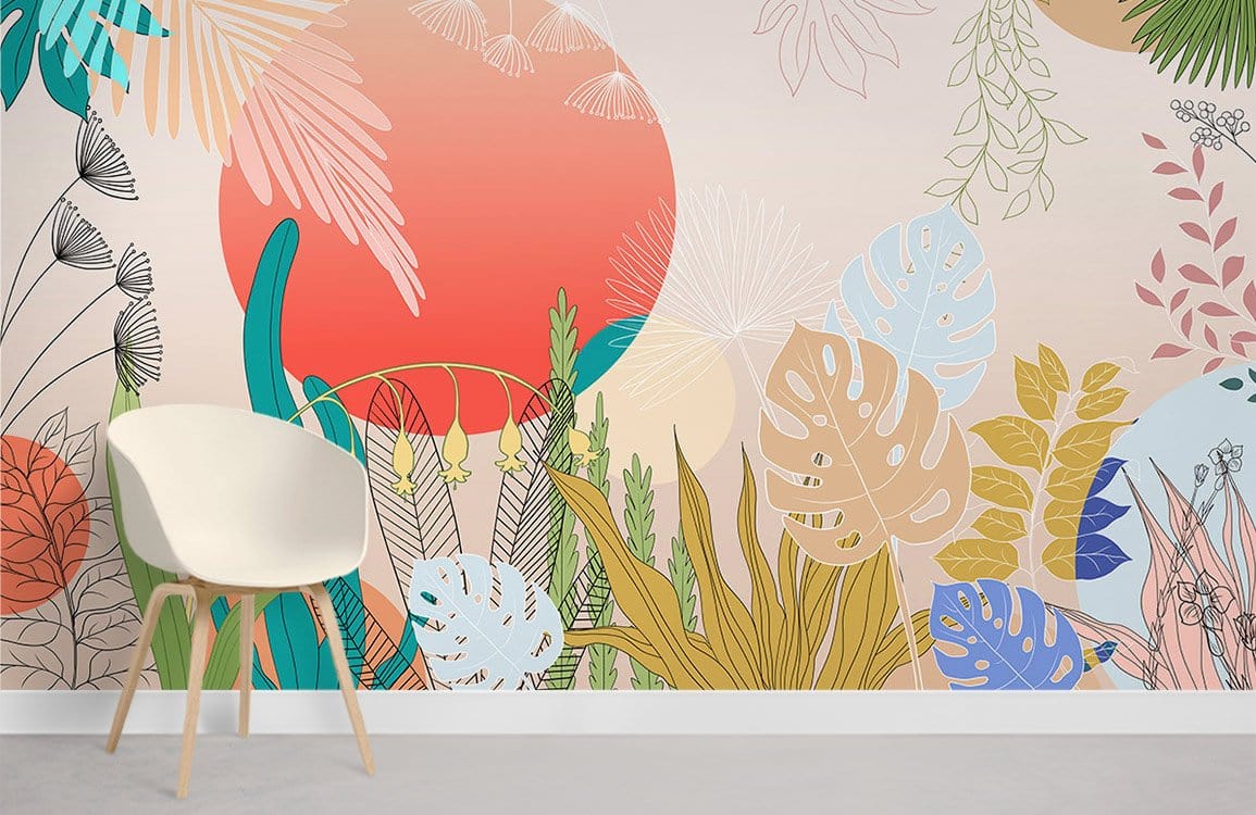 Vibrant tropical botanical mural wallpaper with coral and turquoise accents, white chair, grey flooring.