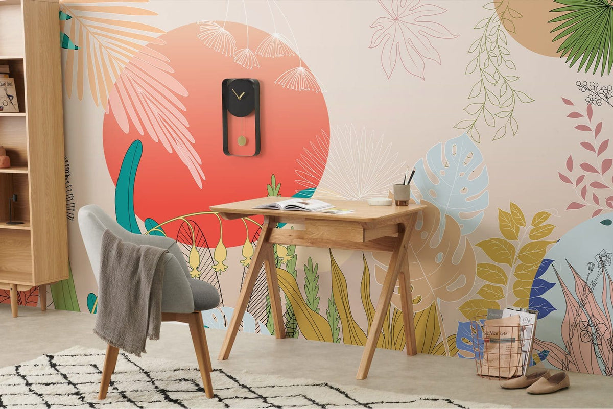 Vibrant tropical mural wallpaper with coral, turquoise accents, light wood desk, grey chair, modern office.